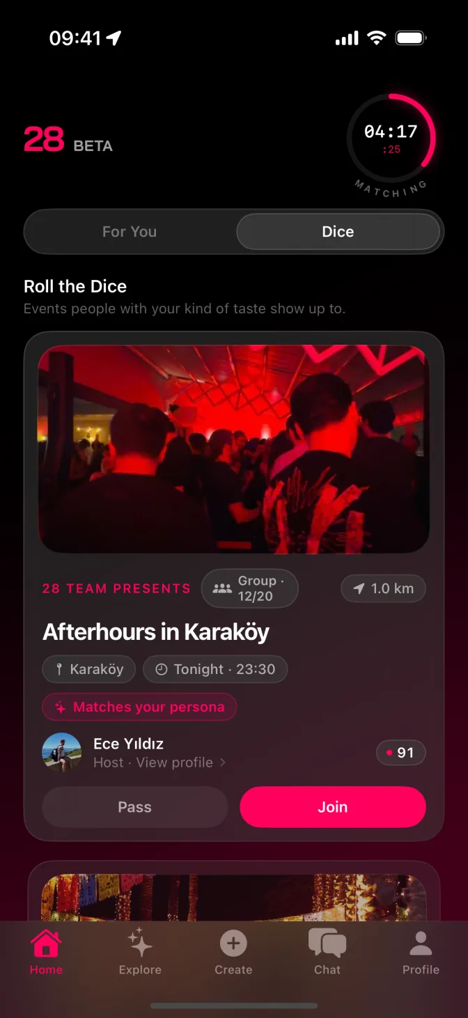 Dice in the 28 app: events people with your taste show up to